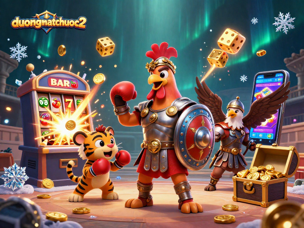 Experience the vibrant world of duongmatchuoc2 with a rooster gladiator and a jackpot explosion.