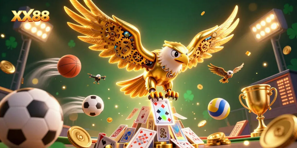 Engage with the thrilling dynamics of XX88's cybernetic golden eagle soaring through holographic gaming elements.