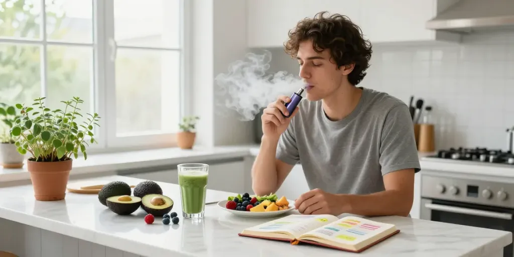 Experience the benefits of sg vape delivery with a wellness-focused morning routine featuring organic ingredients and a stylish vape device.