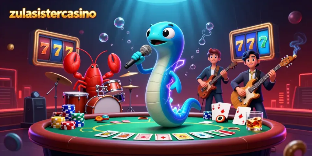 Enjoy thrilling gaming action with zulasistercasino at an underwater casino in this vibrant illustration.