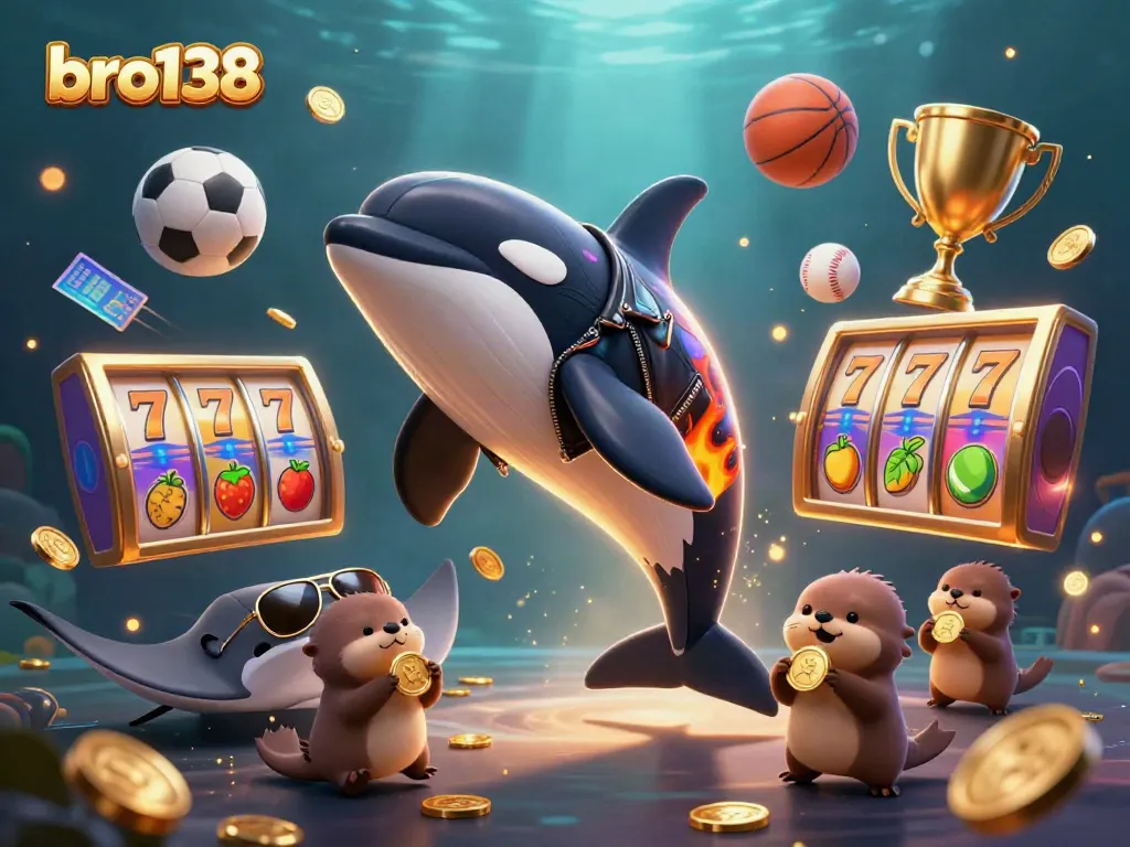 Experience thrilling wins at bro138 with colorful slot machines and animated sea characters in this vibrant illustration.