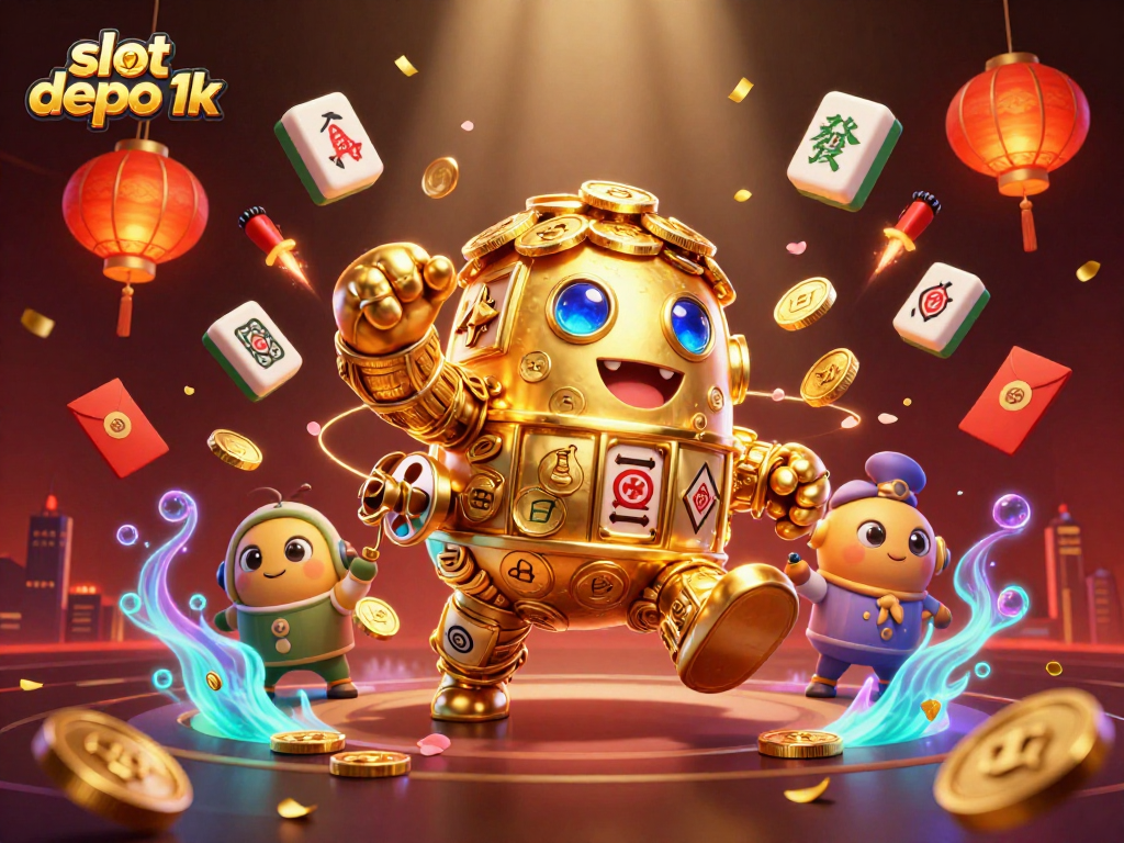 Experience slot depo 1k excitement with a vibrant 3D illustration of a golden golem amidst festive casino elements.