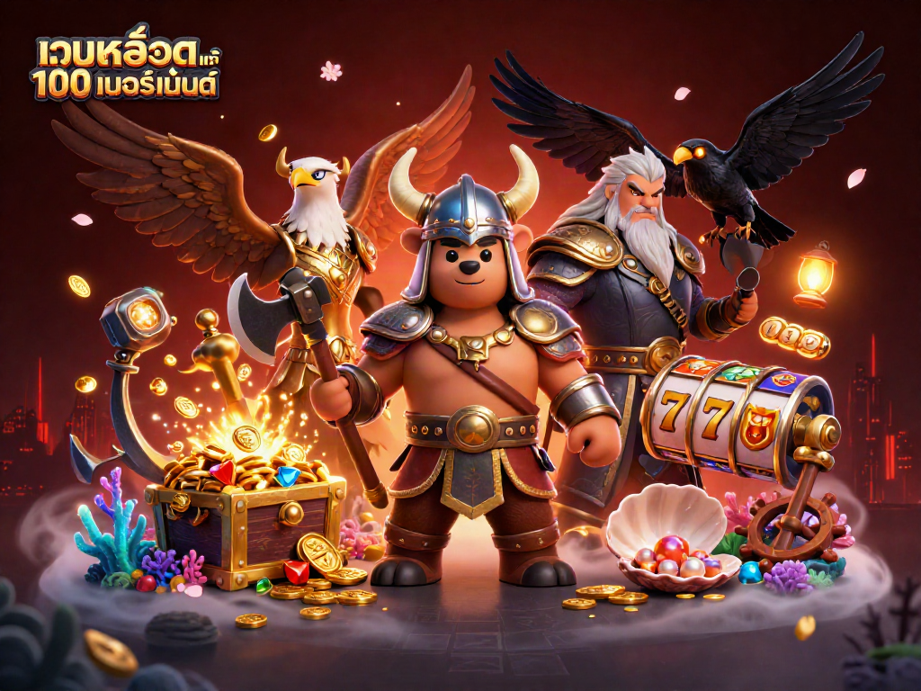 Experience the excitement of เว็บสล็อต แท้ 100 เปอร์เซ็นต์ with this vibrant 3D casino illustration featuring characters and dynamic gaming elements.