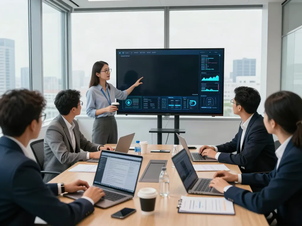 Deepfake-protected meetings in a corporate conference room with professionals collaborating on security solutions.