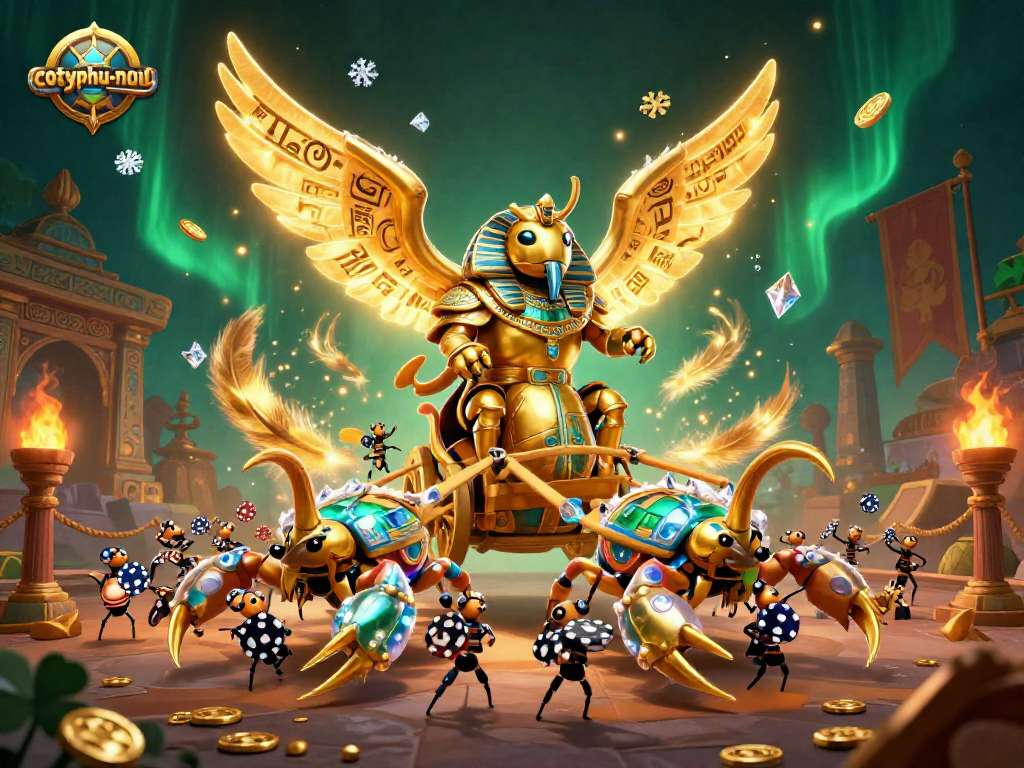 Engage in thrilling strategies at cotyphu-nohu, showcasing a golden scarab beetle and scorpions in action.