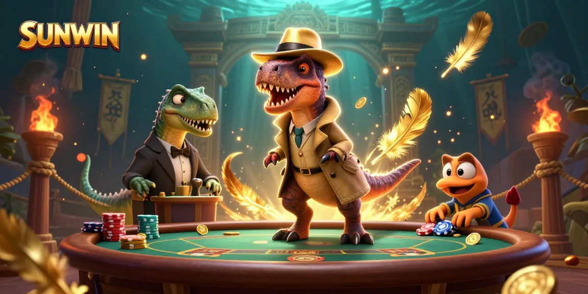 SUNWIN offers an engaging gaming experience with a velociraptor card counter, a stegosaurus pit boss, and a compy sneaking chips in a vibrant casino setting.