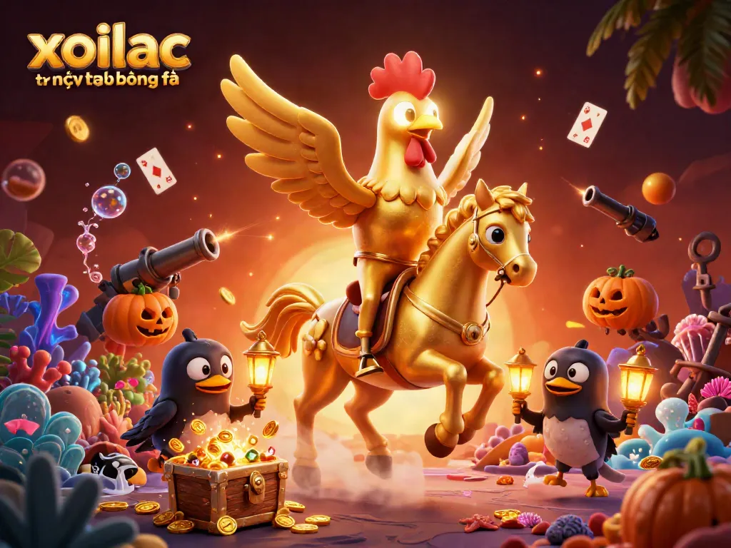 Xoilac tv trực tiếp bóng đá scene with a golden rooster riding a spectral horse in a vibrant casino.