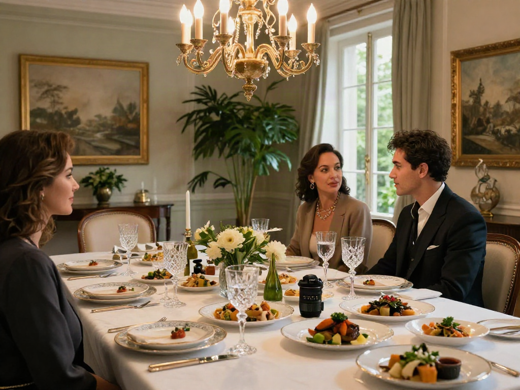 Suasana mewah luxury111 dengan ruang makan elegan, hidangan gourmet, dan lampu gantung glamor.