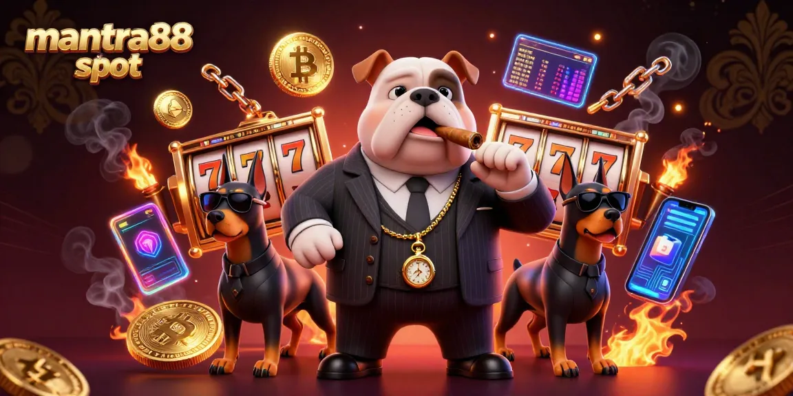 Spin the reels with mantra88 slot, featuring a mafia bulldog and Doberman bodyguards in a rich casino setting.