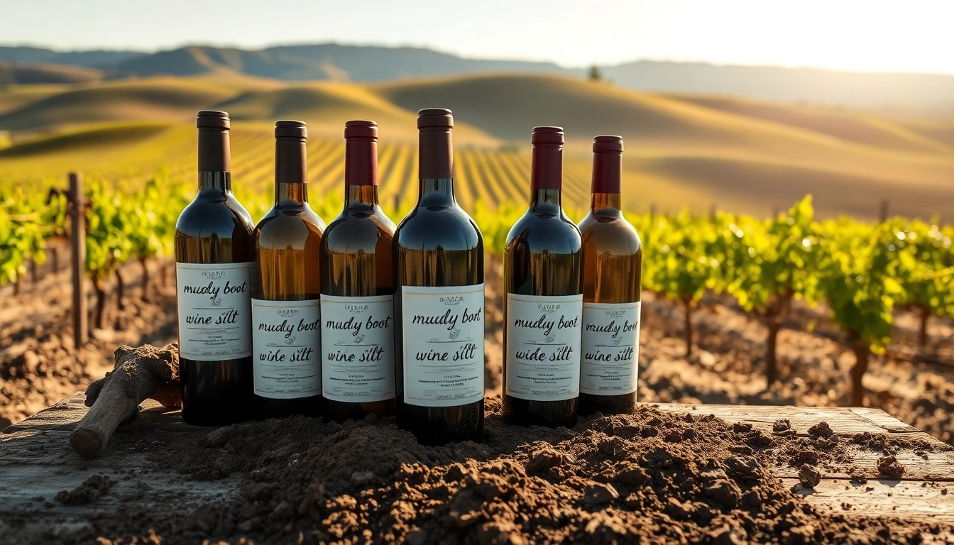 A bottle of muddy boot wine silt elegantly displayed, showcasing its rustic charm against natural earthy textures.
