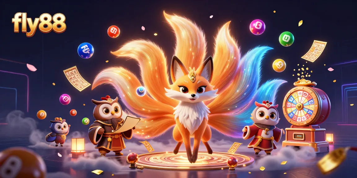 Experience the excitement at fly88 with vibrant lottery elements and enchanting characters in a dynamic casino scene.