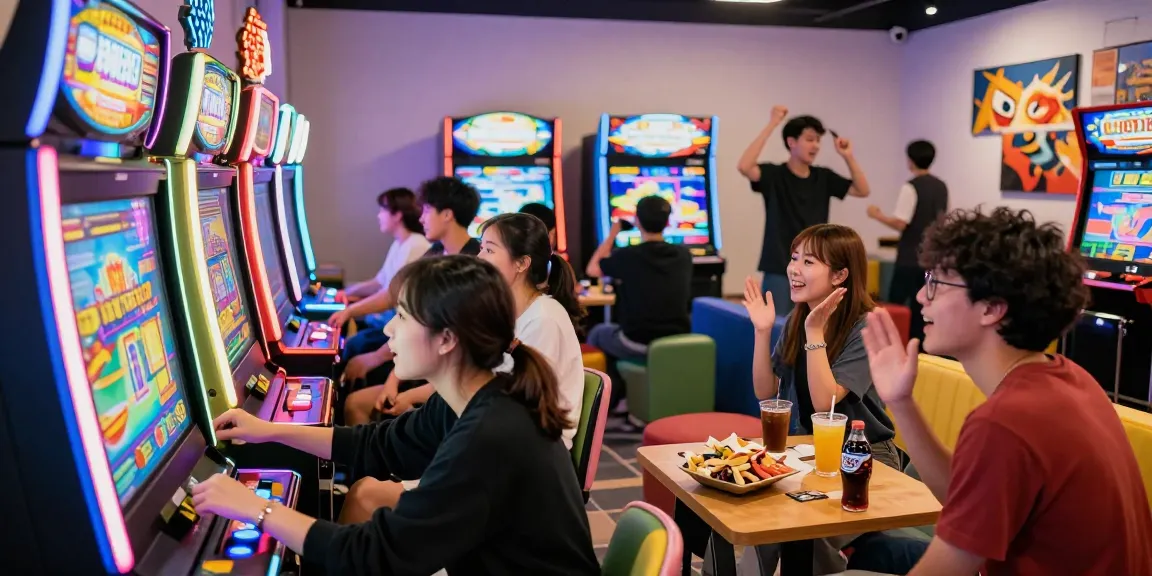 Excited friends enjoying the jepang slot machine in a vibrant arcade.