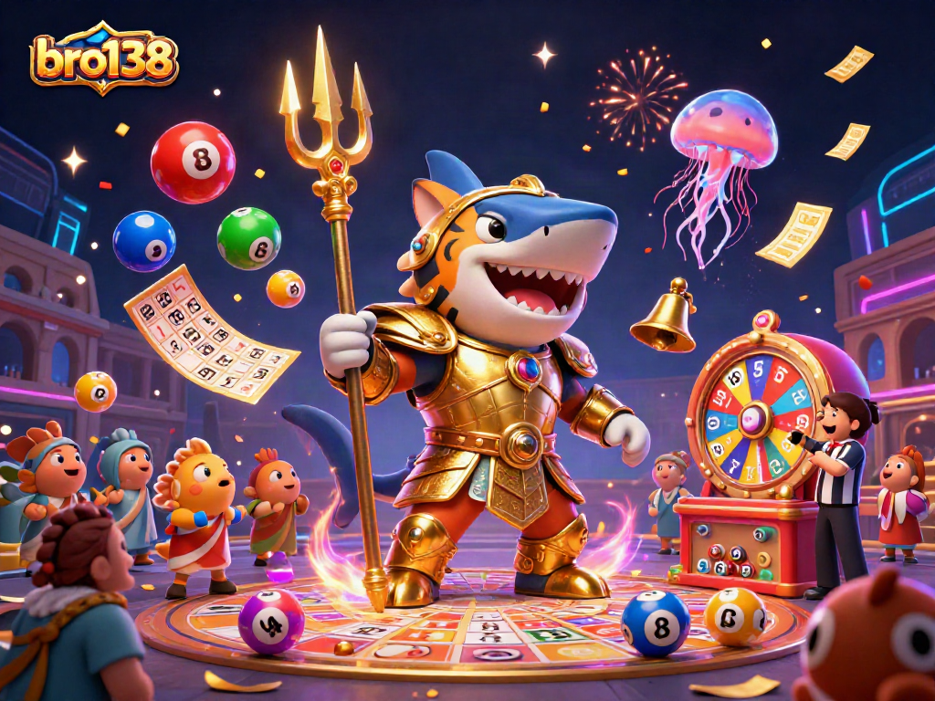 Experience the thrill of bro138, a vibrant underwater casino scene featuring a shark gladiator amid colorful gambling elements.
