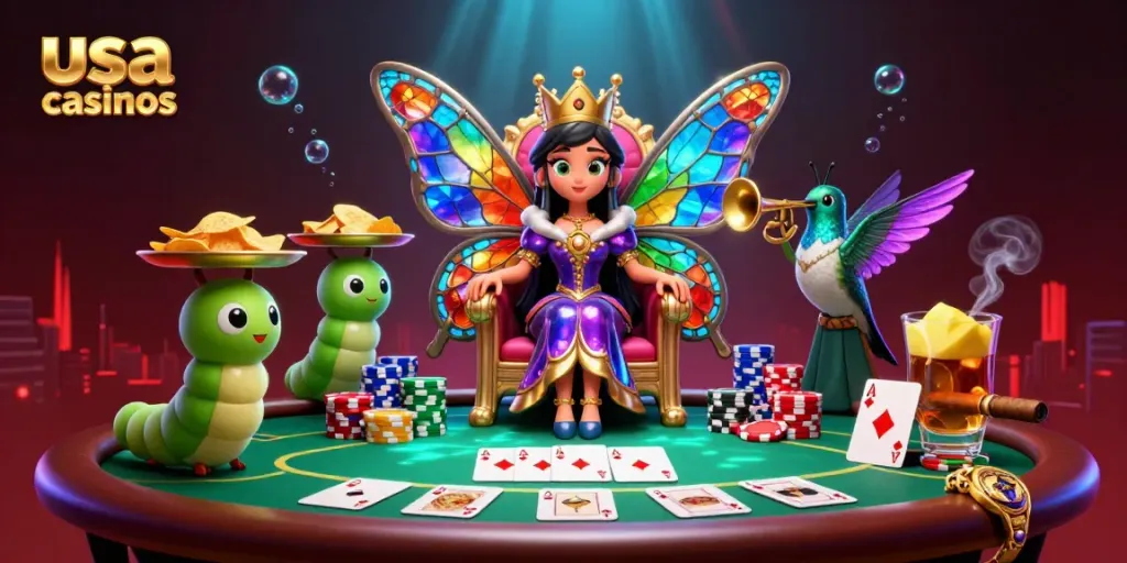 Experience the thrill of usa casinos with vibrant visuals and dynamic poker action in a 3D illustration.