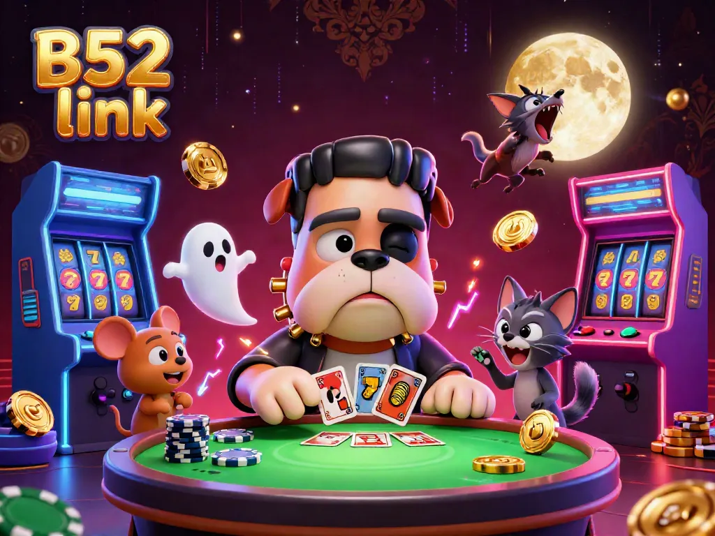 Experience the excitement of B52 link at a lively casino table with unique cartoon characters and vibrant game elements.