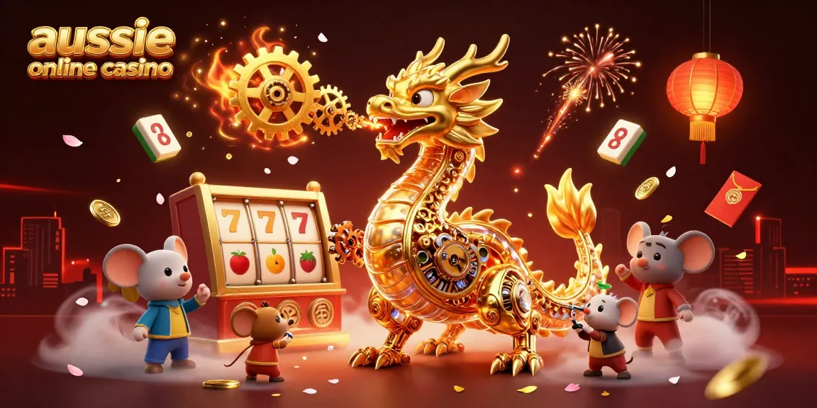 Experience the excitement of aussie online casino with a golden dragon and 3D gaming icons.