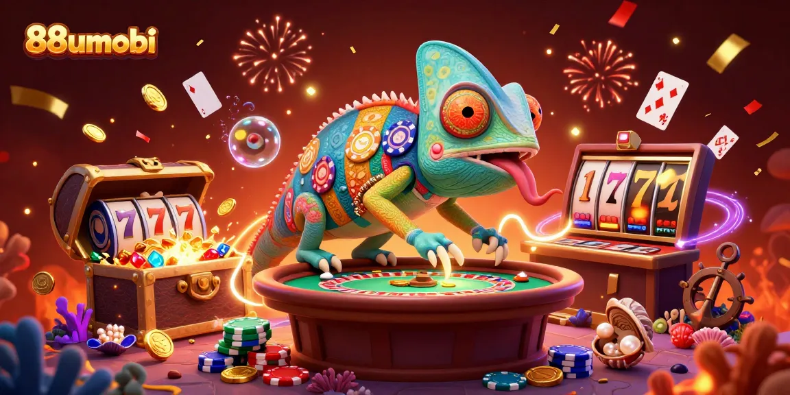 Engage in thrilling gaming at 88uumobi with a dynamic 3D illustration showcasing exciting casino elements.