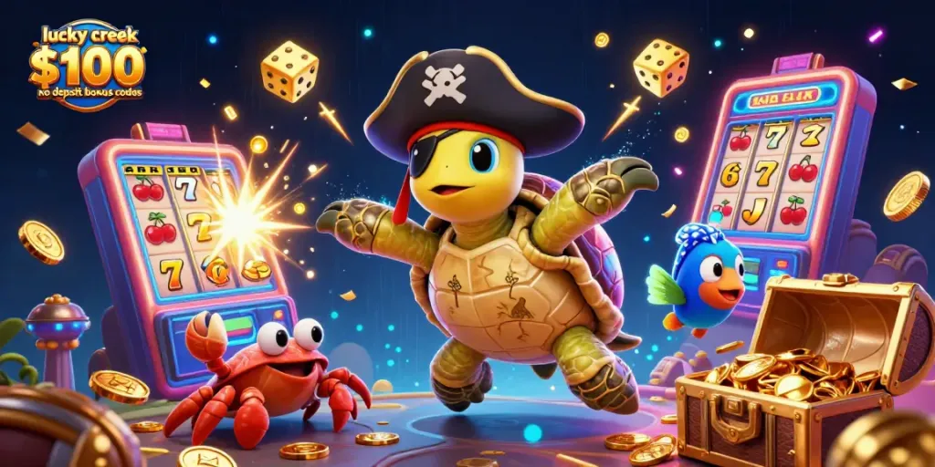 Experience the excitement of lucky creek $100 no deposit bonus codes with vibrant casino elements and characters.