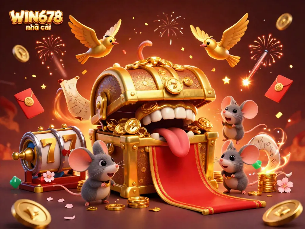 Experience excitement with WIN678 nhà cái’s 3D treasure chest scene filled with vibrant casino elements.