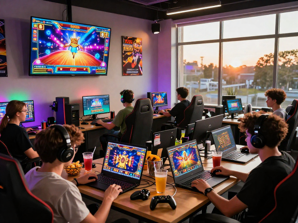Pengguna situs slot bersenang-senang di lounge gaming yang terang, dikelilingi oleh monitor dan pernak-pernik permainan.