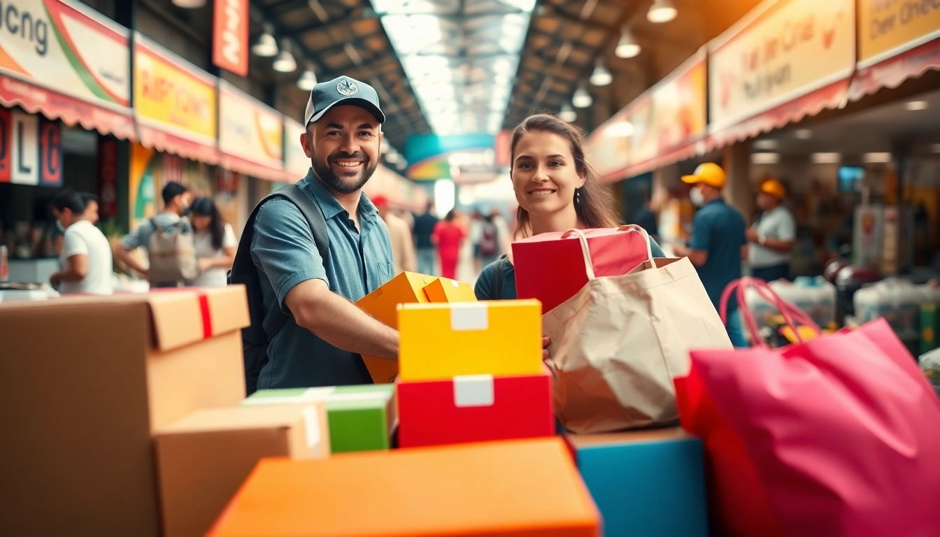 Marketplace Pickup mesa service involving cheerful delivery personnel managing colorful packages.