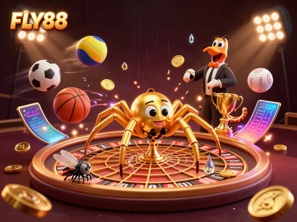 FLY88 features a golden spider spinning a roulette wheel, with a fly nervously betting, illustrating dynamic gambling action.