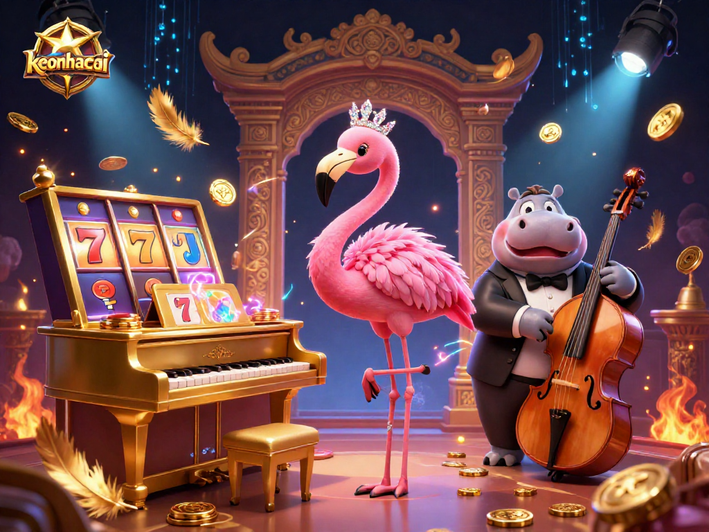 Join the excitement of keonhacai with a lively casino illustration featuring a flamingo singer and hippo bassist.