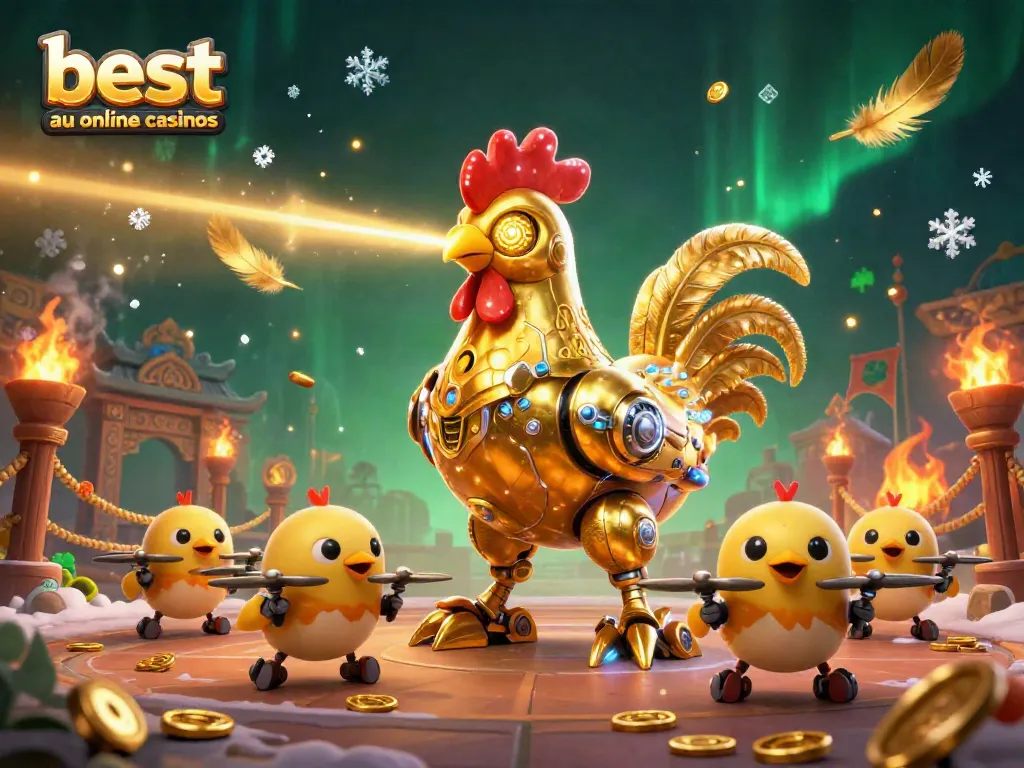 Engage in thrilling action at the best au online casinos featuring retro-futuristic characters amidst a vibrant casino scene.