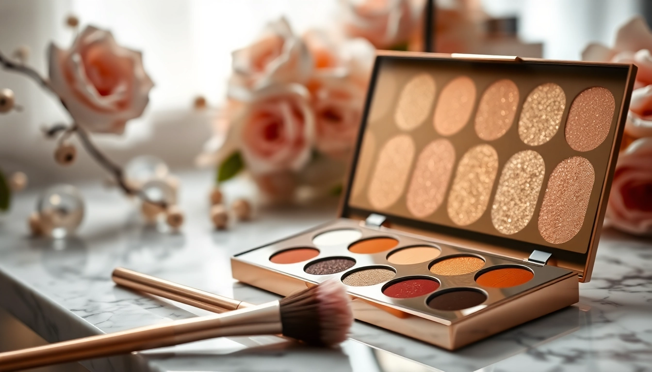 Apply champagne eyeshadow from a colorful palette to achieve a glamorous makeup look.