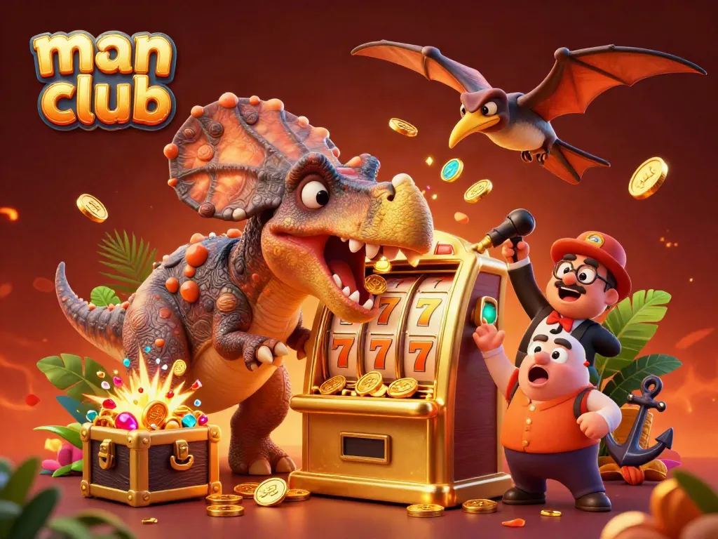 Man club jackpot excitement with cartoon dinosaurs winning coins around a golden slot machine.