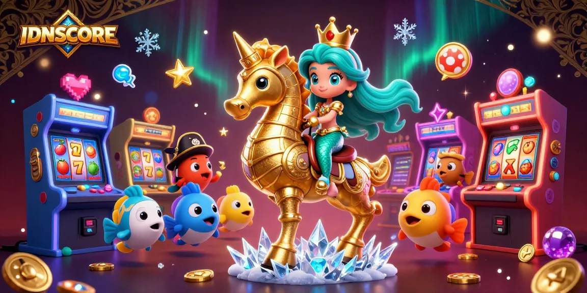 Experience thrilling slots at IDNSCORE with a colorful 3D mermaid princess and casino elements.