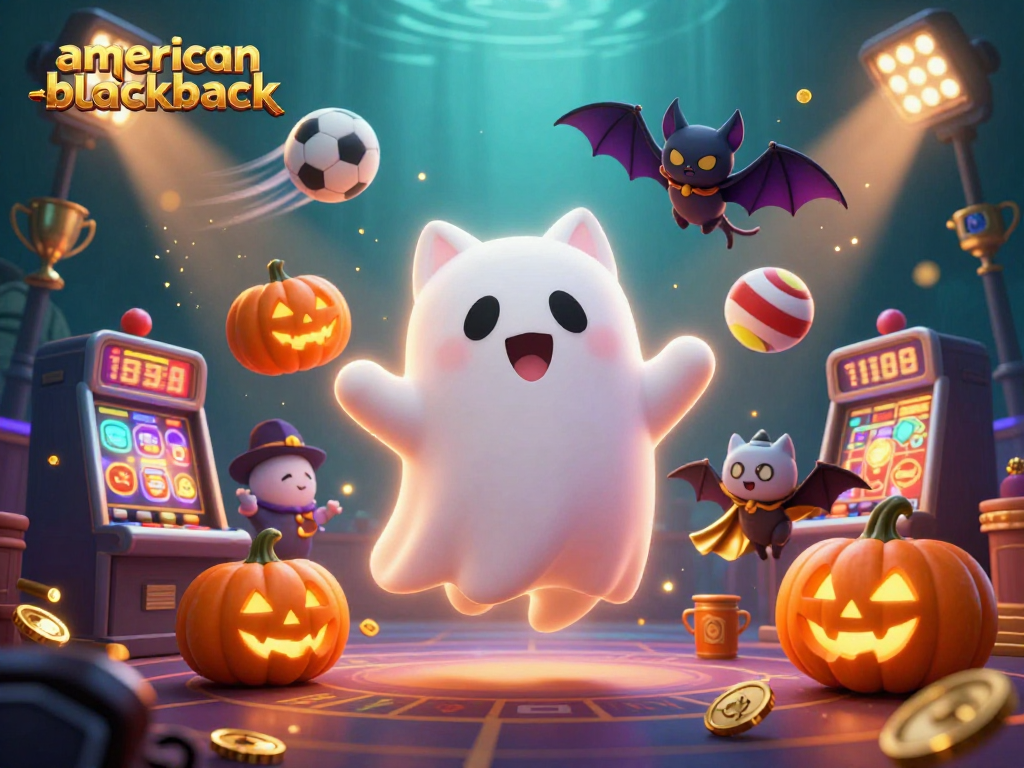 Win big with american-blackjack in this vibrant casino scene featuring spooky elements and dynamic game motifs.
