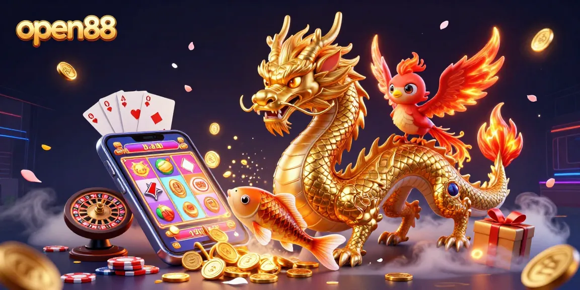 Engage with open88's thrilling atmosphere, featuring a golden dragon, phoenix, and koi fish in a dynamic gaming paradise.