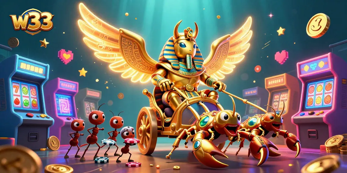 Experience thrilling w33 gameplay with vibrant slot machines and engaging characters in this 3D casino illustration.