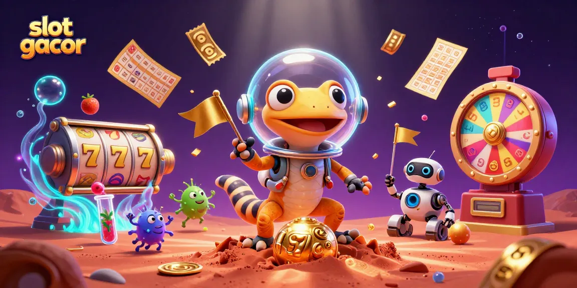 Immerse in slot gacor excitement with a Martian gecko uncovering a golden casino under Mars.