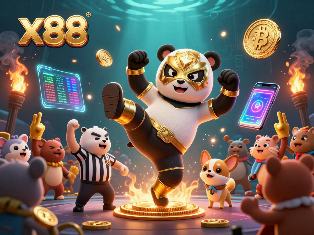 Experience the thrill at x88 with a lively 3D scene featuring animated characters and vibrant casino elements.