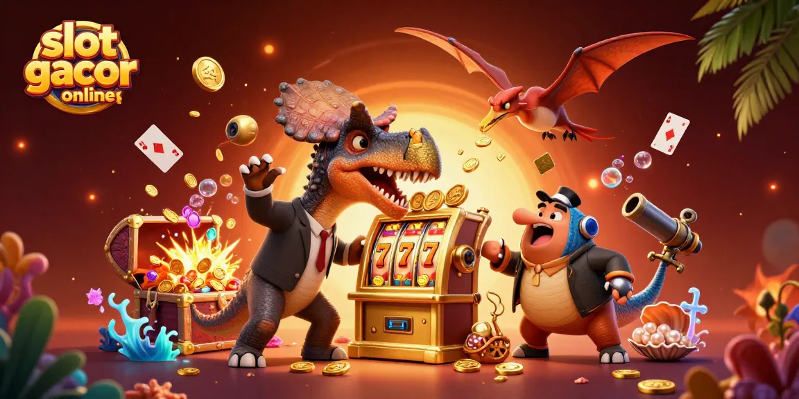 Menangkan slot gacor online dengan tema kasino, karakter dino beraksi di mesin slot.