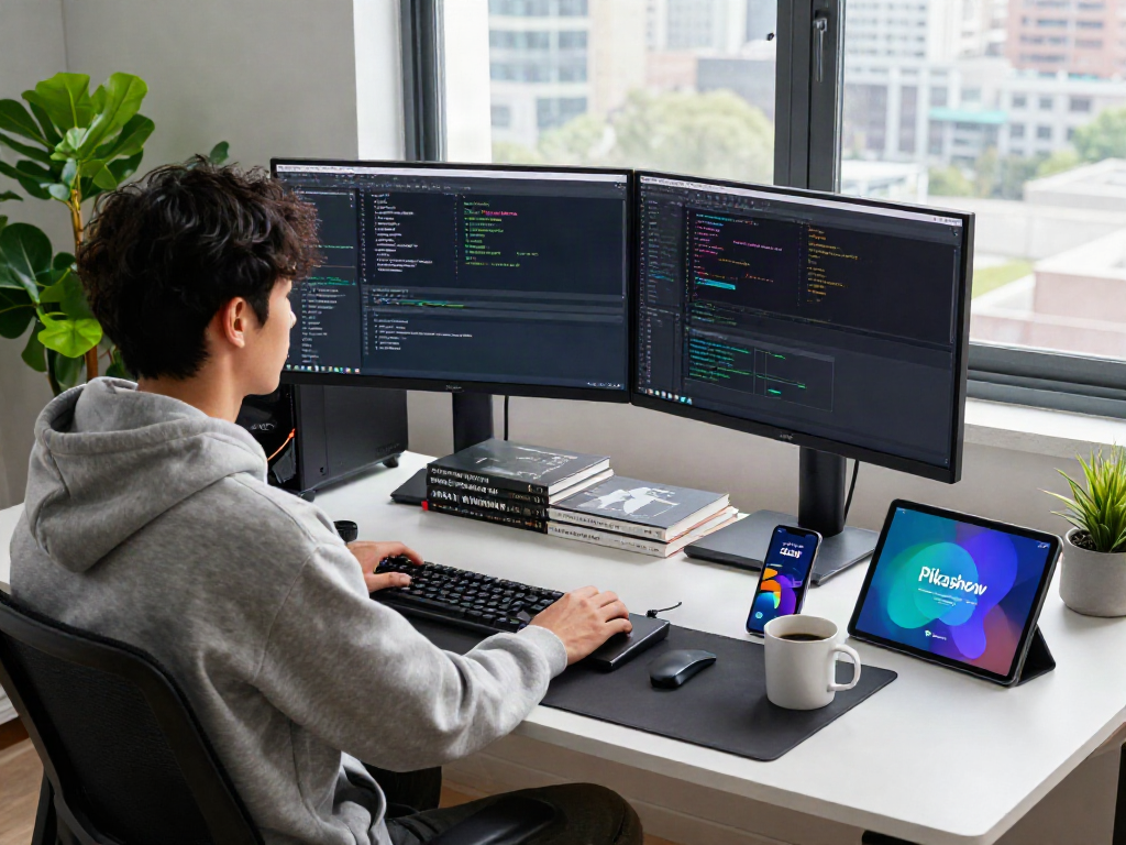 Engaging tech workspace showcasing a developer using Pikashow APK on dual monitors, highlighting a modern coding environment.