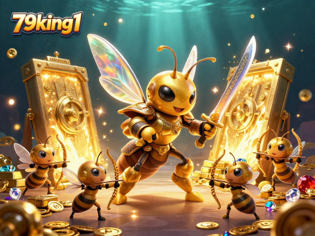 Experience the adventure with 79king1 in a vibrant casino scene, showcasing golden treasures and neon lights.