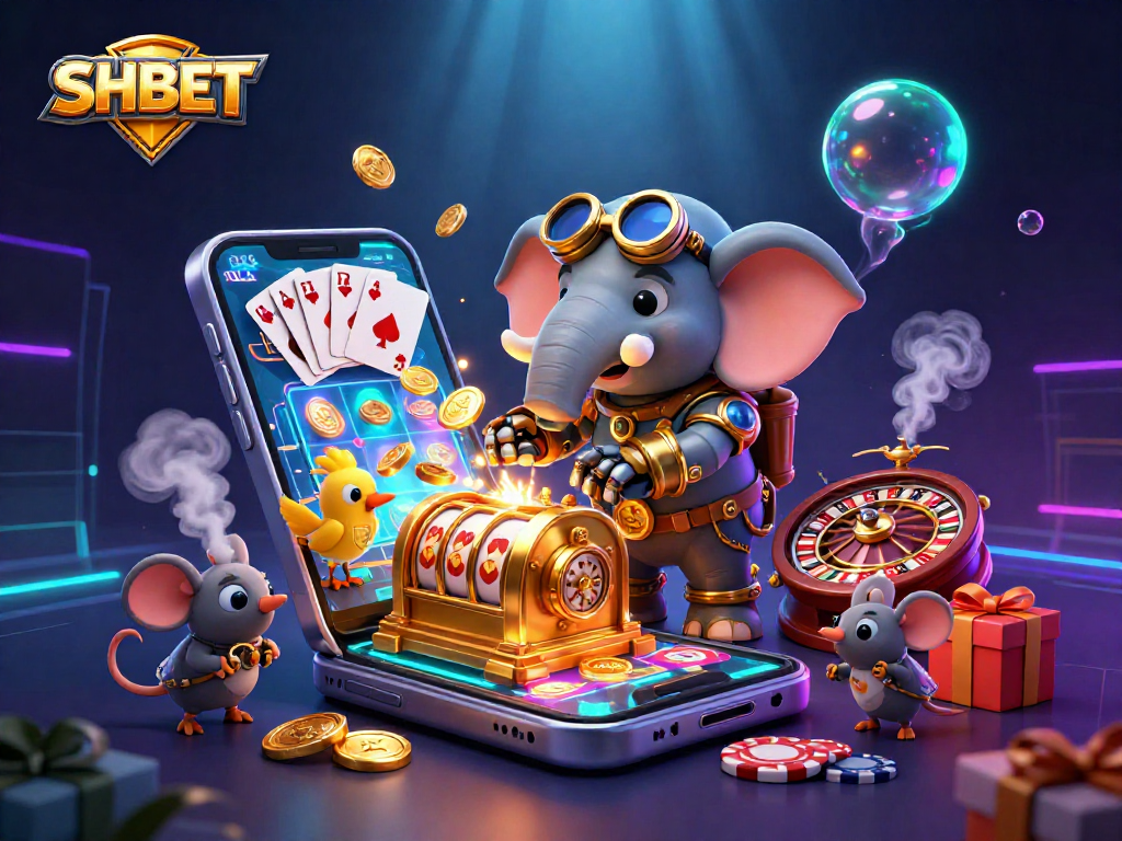 Engage with SHBET's exciting casino scene featuring a steampunk elephant and vibrant gaming elements.