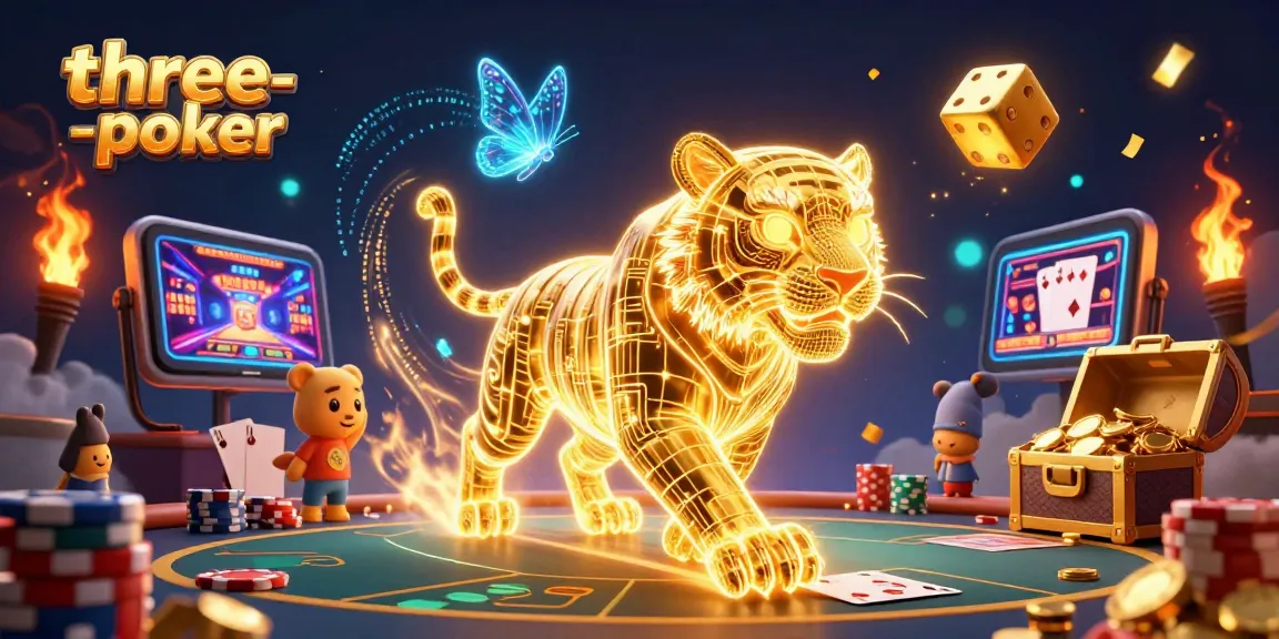 Engage in thrilling three-card-poker action while a golden tiger prowls a digital casino.
