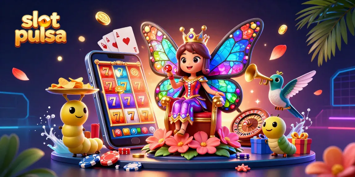 Experience thrilling slot pulsa gaming with a vibrant butterfly queen and dynamic casino elements.