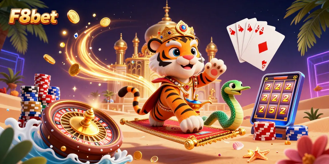 Experience thrilling action with F8bet as the tiger sultan on a poker chip carpet dazzles in a vibrant casino scene.
