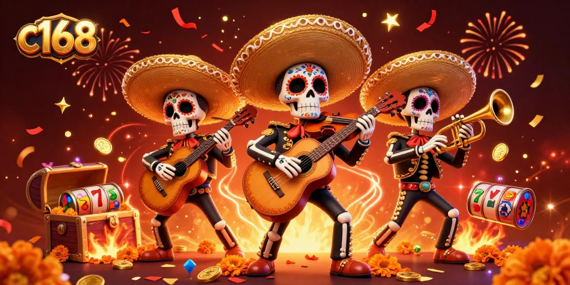 C168 engages players with a vibrant 3D mariachi band amidst a casino adventure filled with treasures and slot reels.