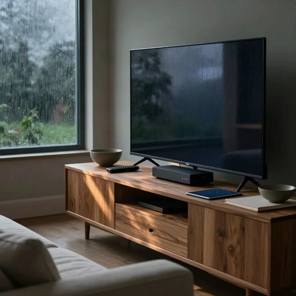 Rain-lit TV lounge tableau with screen, streaming device, remote, notebook, and bowl