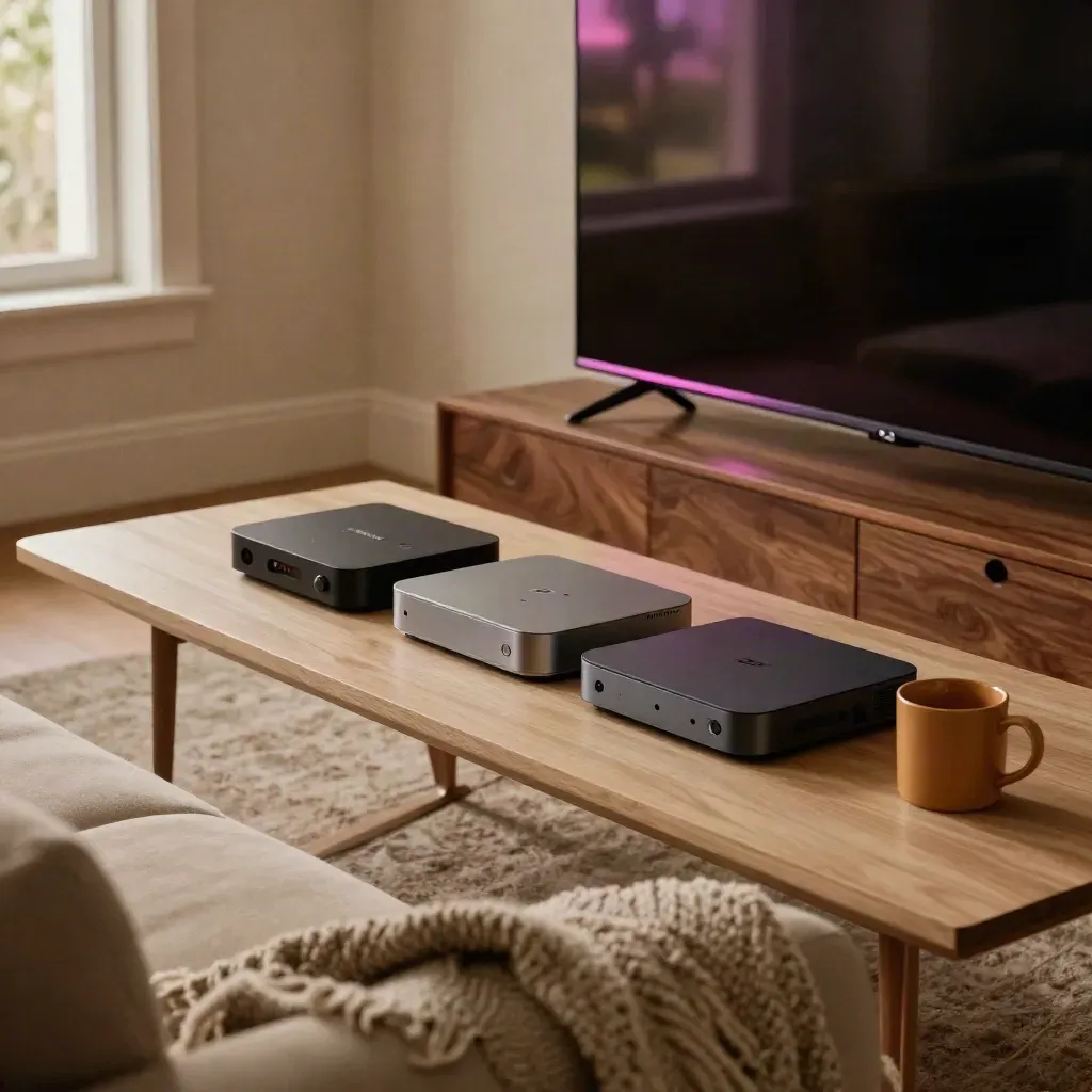Fall watchlist living room with compact TV, stacked streaming boxes, mug, throw, and soft evening light.