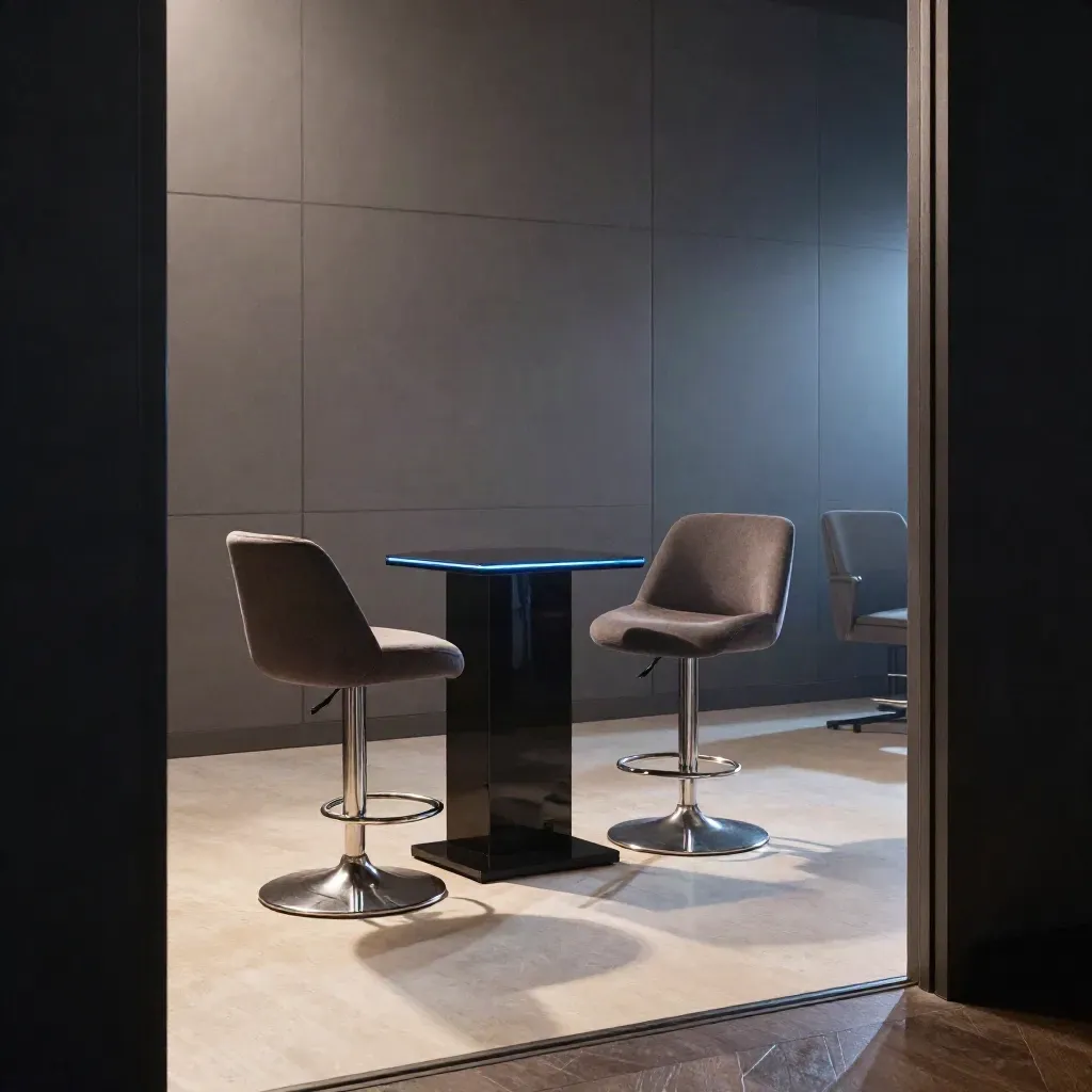Foggy broadcast lounge with empty stools, glossy side table, monitor wall and swivel chair