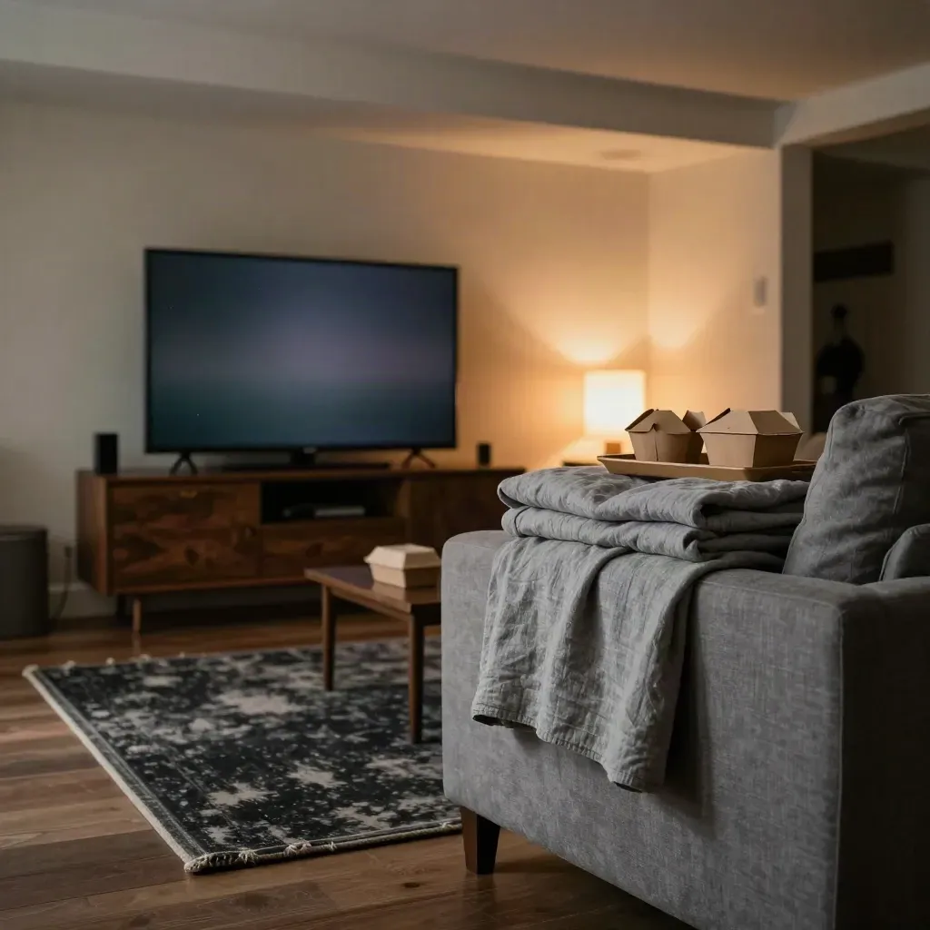 Basement family room TV fading after finale, blankets and takeout in a humid late-night hush.