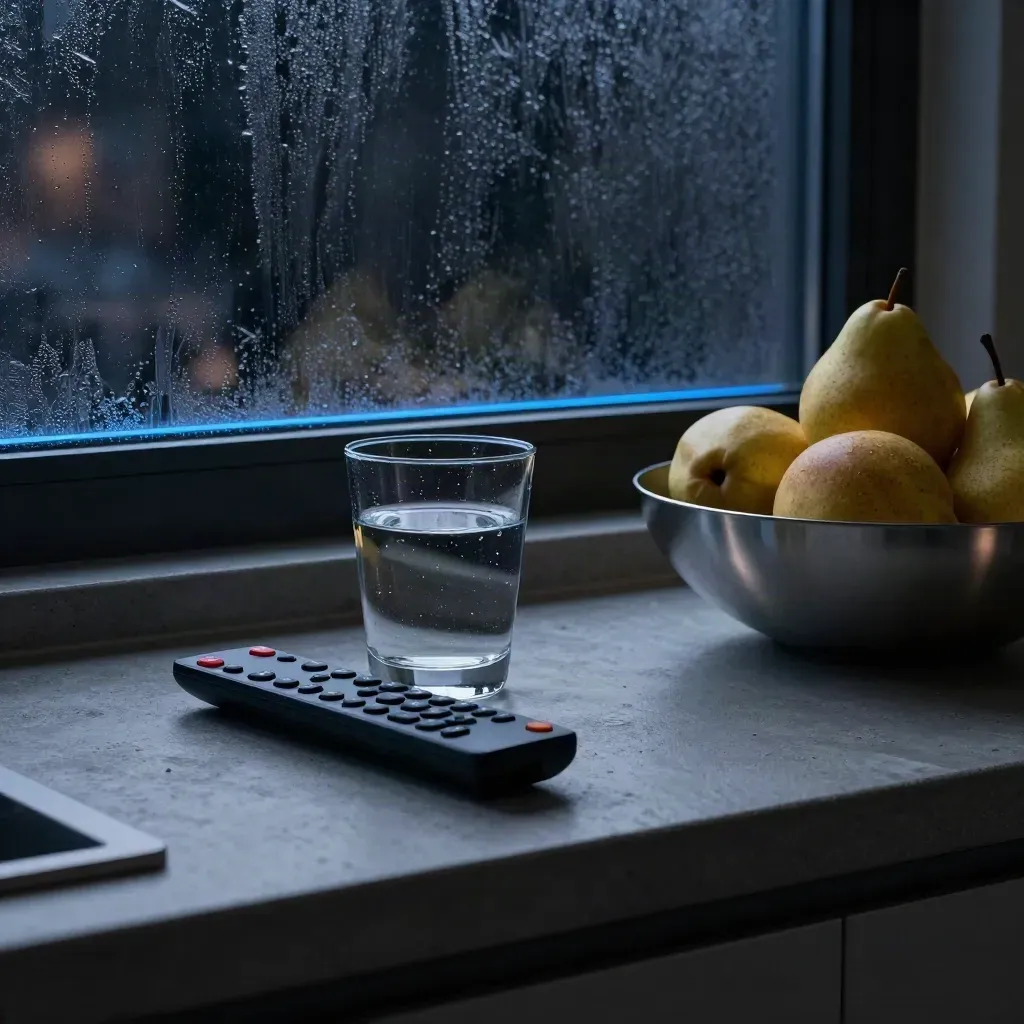 Dim kitchen counter with remote, water glass, fruit bowl, and TV reflection in a foggy window.