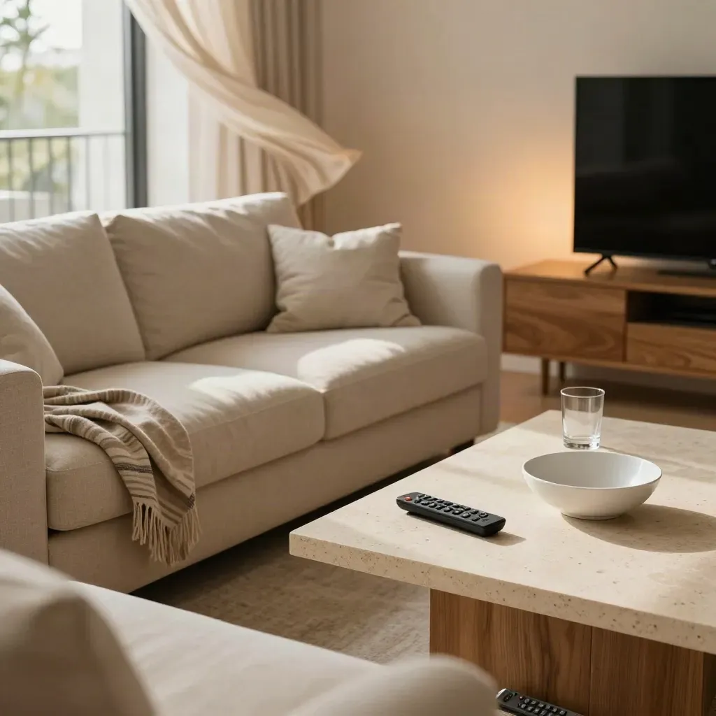 Warm sofa with remotes, snack bowl, striped throw, and TV glow in a bright apartment